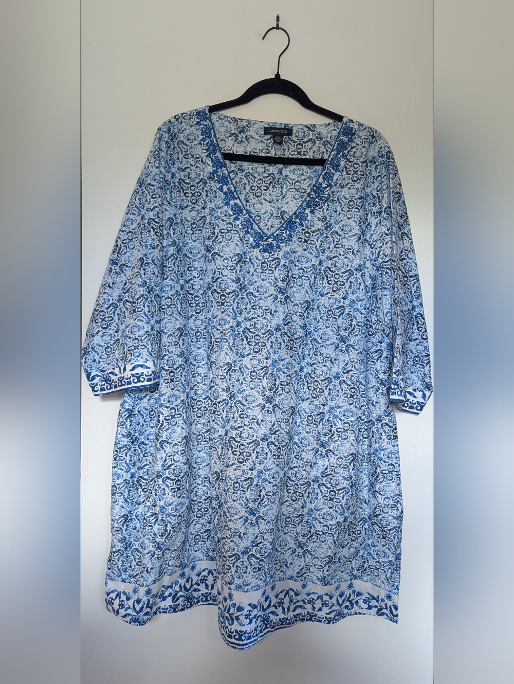 Lands' End Blue & White Floral Damask Cotton Tunic Coverup Dress sz 2X Beachy